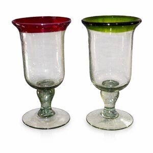 2- Vintage 1 Source Inc Hand-blown Ruby Red & Green Rimmed Glassware Goblets
